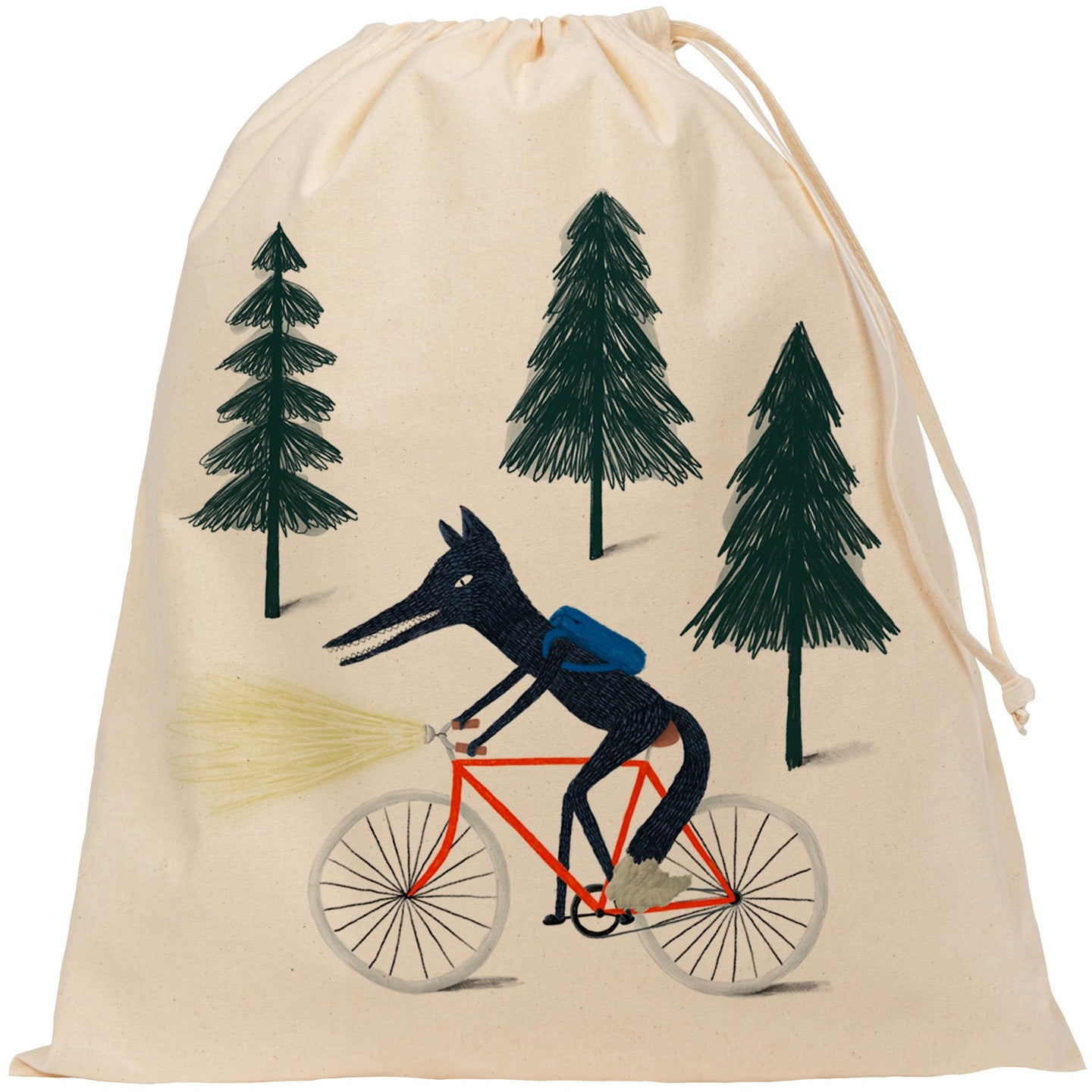 Wolf on a bike drawstring bag