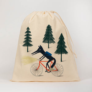 Wolf on a bike drawstring bag