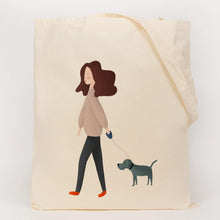 Load image into Gallery viewer, lady walking dog cotton bag
