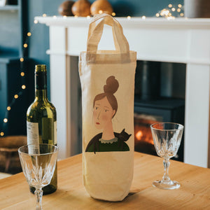 lady with cat on shoulders wine tote 