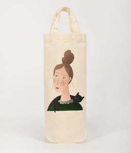 lady with cat on shoulders bottle bag 