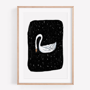 Print of a white swan on black background